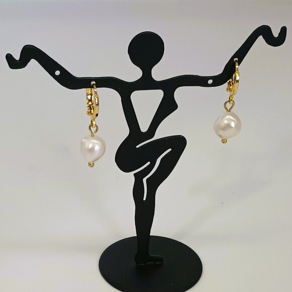 Baroque Pearl Huggie Hoop Earrings Gold Tone Drop Dangle Wedding Jewelry - Picture 8 of 8